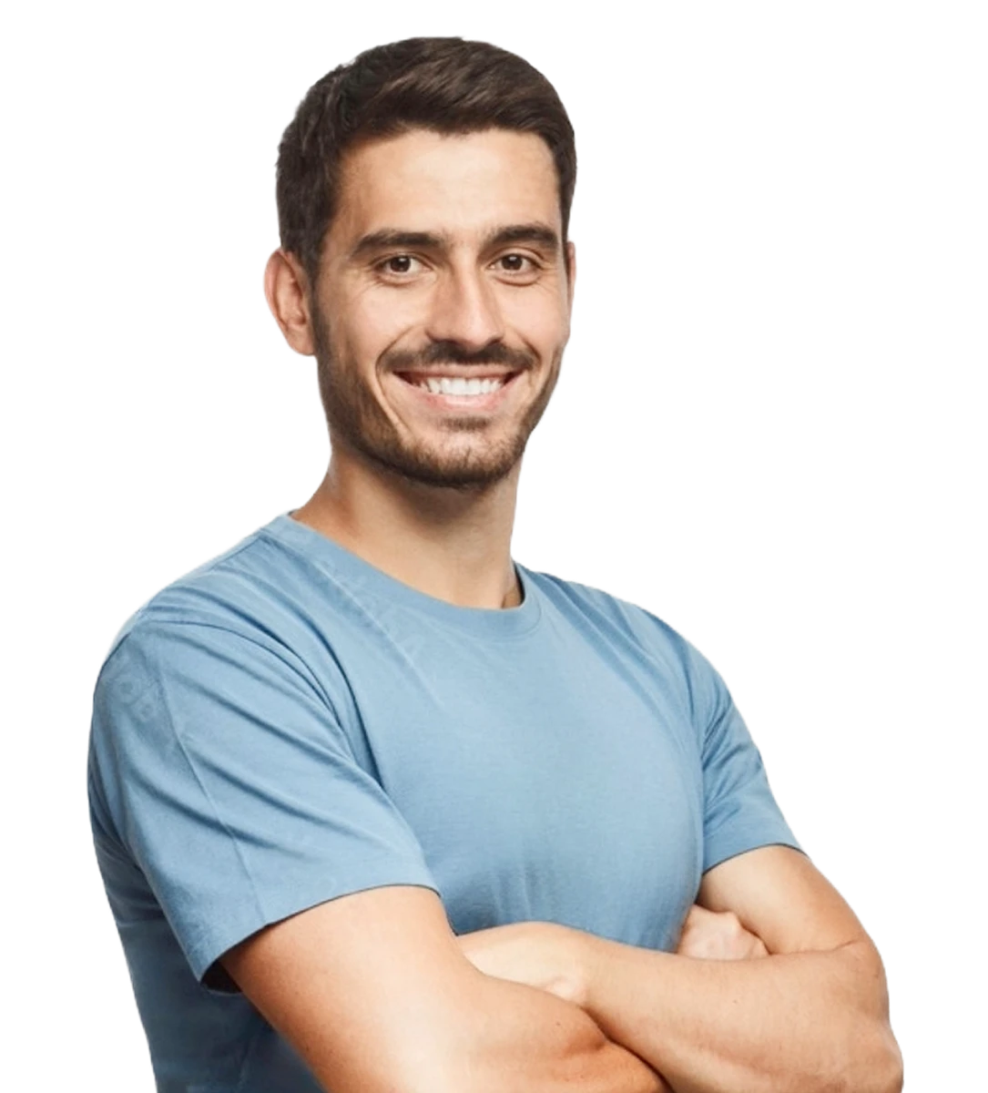 Man in blue t-shirt smiling with folded arms